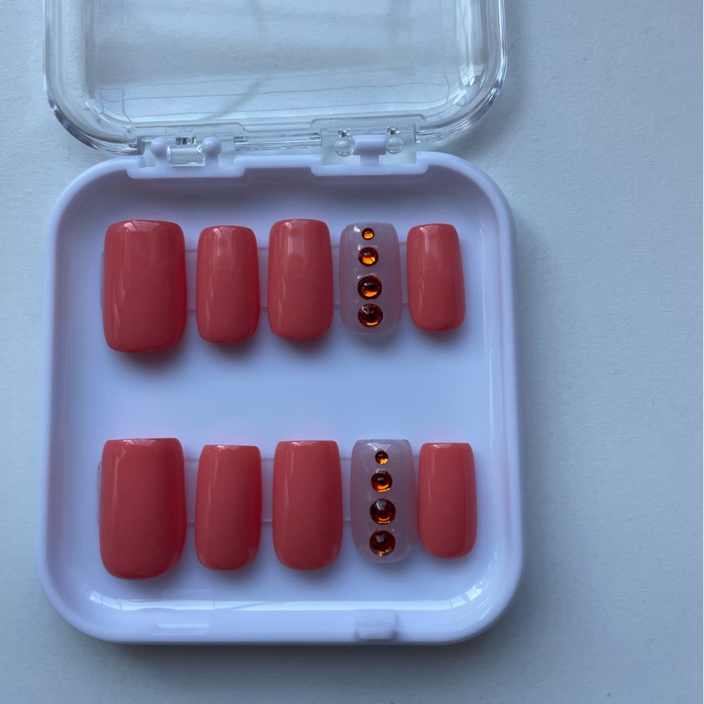 Coral Press-On Nails with Gem Accents